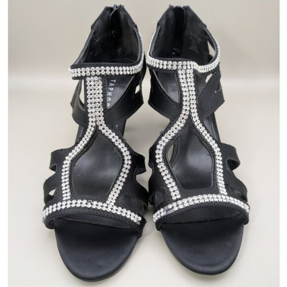 Metaphor Black Strappy Heels Rhinestones Zip Back Heels Womens Size 9 Medium - Picture 1 of 9